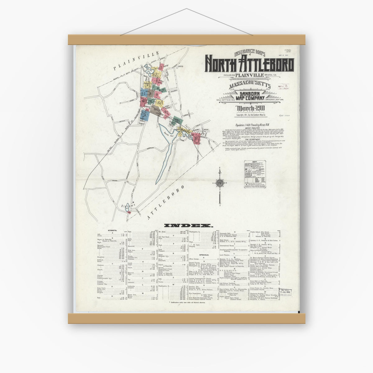 Old map wall art mockup — magnetic wood frame on white wall — Sanborn Fire Insurance Map from North Attleborough, Bristol County, Massachusetts (1911) - Complete Map Set