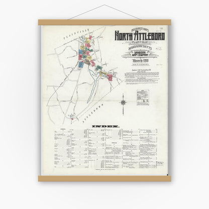 Old map wall art mockup — magnetic wood frame on white wall — Sanborn Fire Insurance Map from North Attleborough, Bristol County, Massachusetts (1911) - Complete Map Set