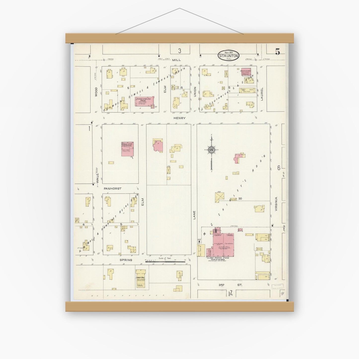 Old map wall art mockup — magnetic wood frame on white wall — Sanborn Fire Insurance Map from Staunton, Macoupin County, Illinois (1913), Sheet #0005