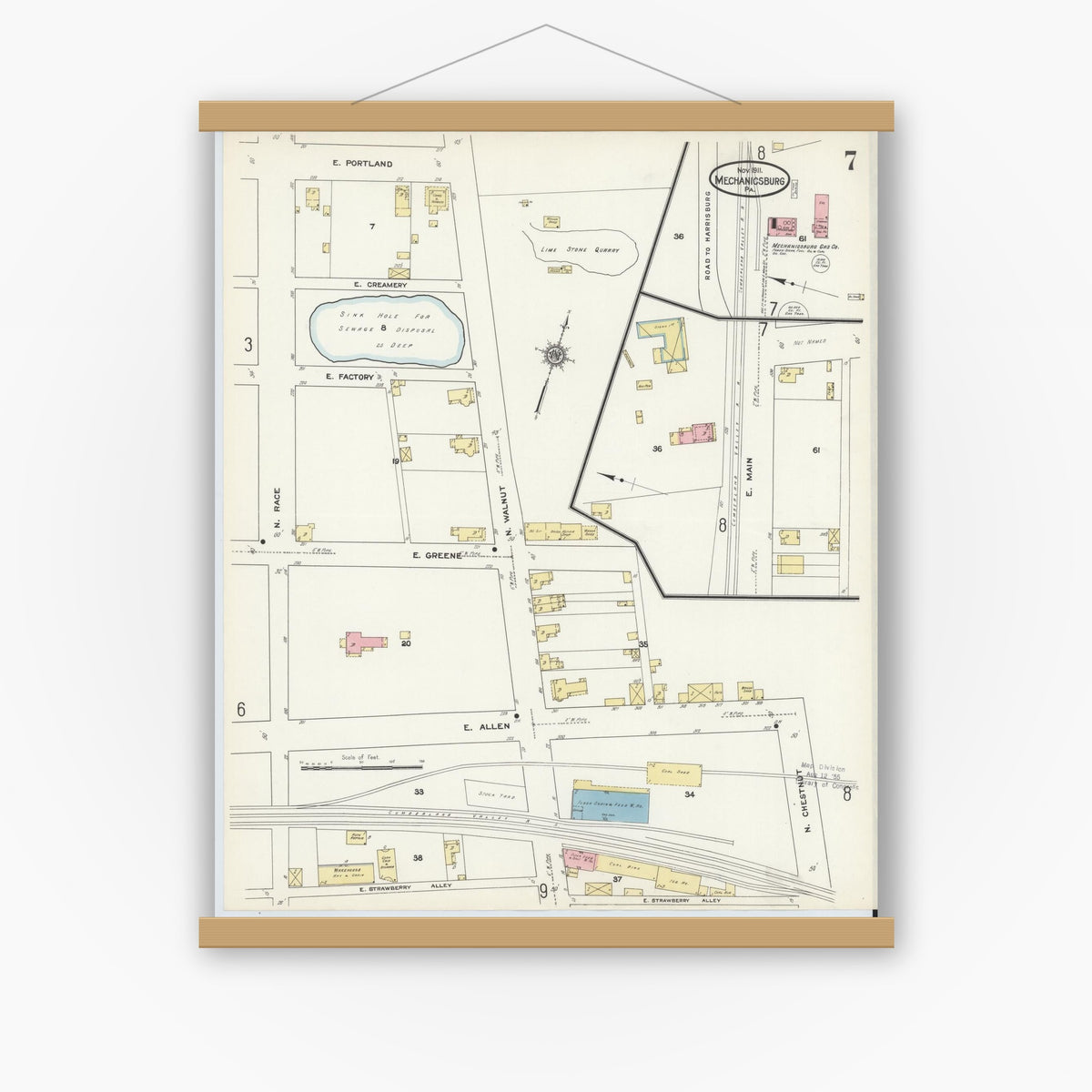 Old map wall art mockup — magnetic wood frame on white wall — Sanborn Fire Insurance Map from Mechanicsburg, Cumberland County, Pennsylvania (1911), Sheet #0007