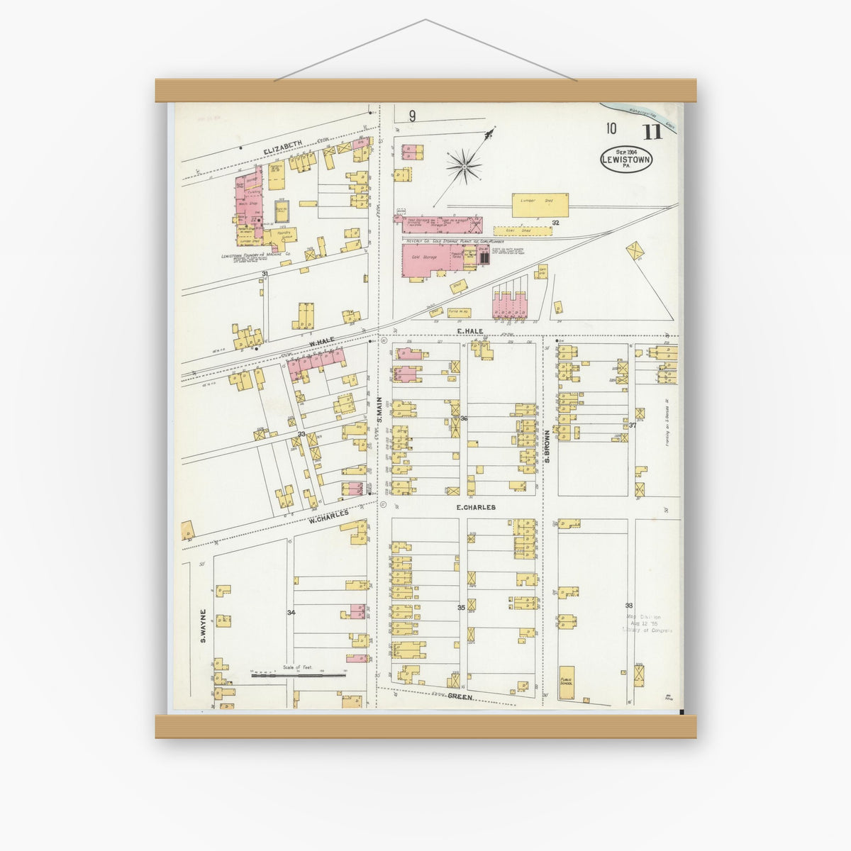 Old map wall art mockup — magnetic wood frame on white wall — Sanborn Fire Insurance Map from Lewistown, Mifflin County, Pennsylvania (1904), Sheet #0011