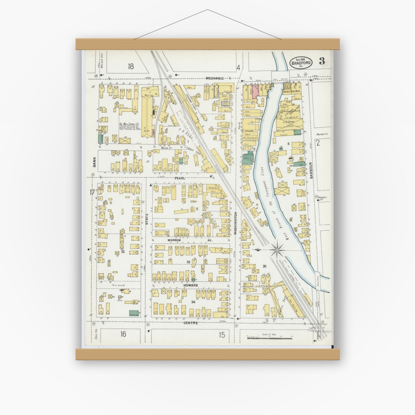 Old map wall art mockup — magnetic wood frame on white wall — Sanborn Fire Insurance Map from Bradford, McKean County, Pennsylvania (1899), Sheet #0003
