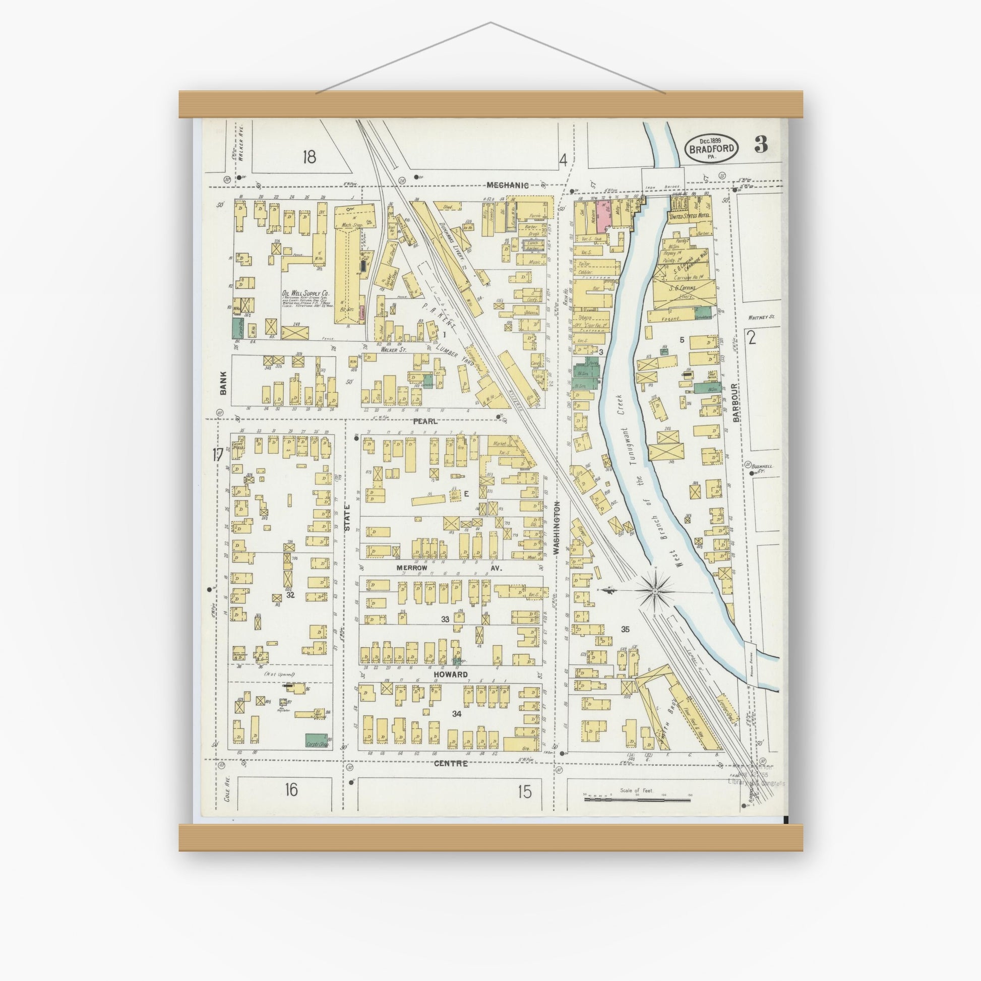 Old map wall art mockup — magnetic wood frame on white wall — Sanborn Fire Insurance Map from Bradford, McKean County, Pennsylvania (1899), Sheet #0003