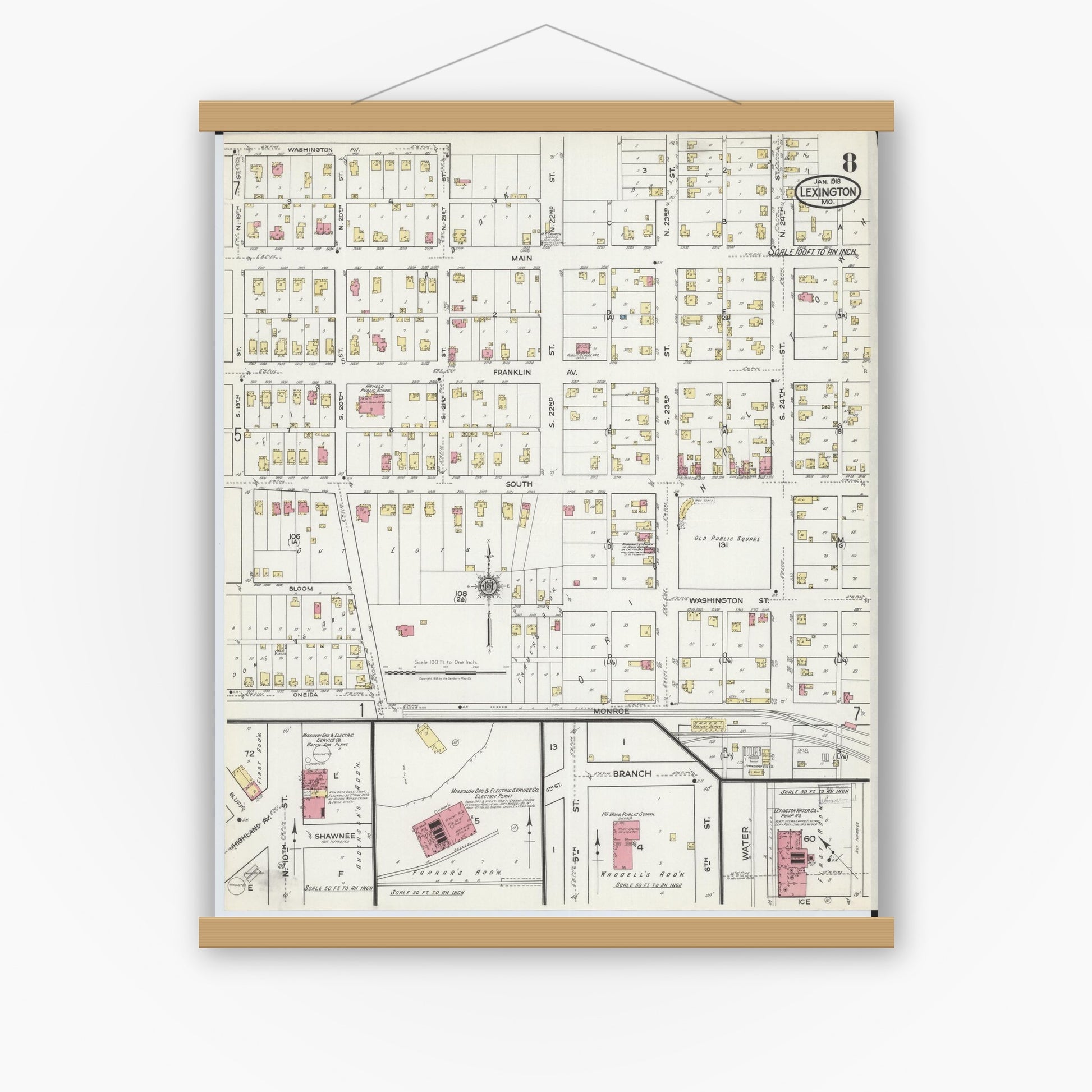 Old map wall art mockup — magnetic wood frame on white wall — Sanborn Fire Insurance Map from Lexington, Lafayette County, Missouri (1918), Sheet #0008