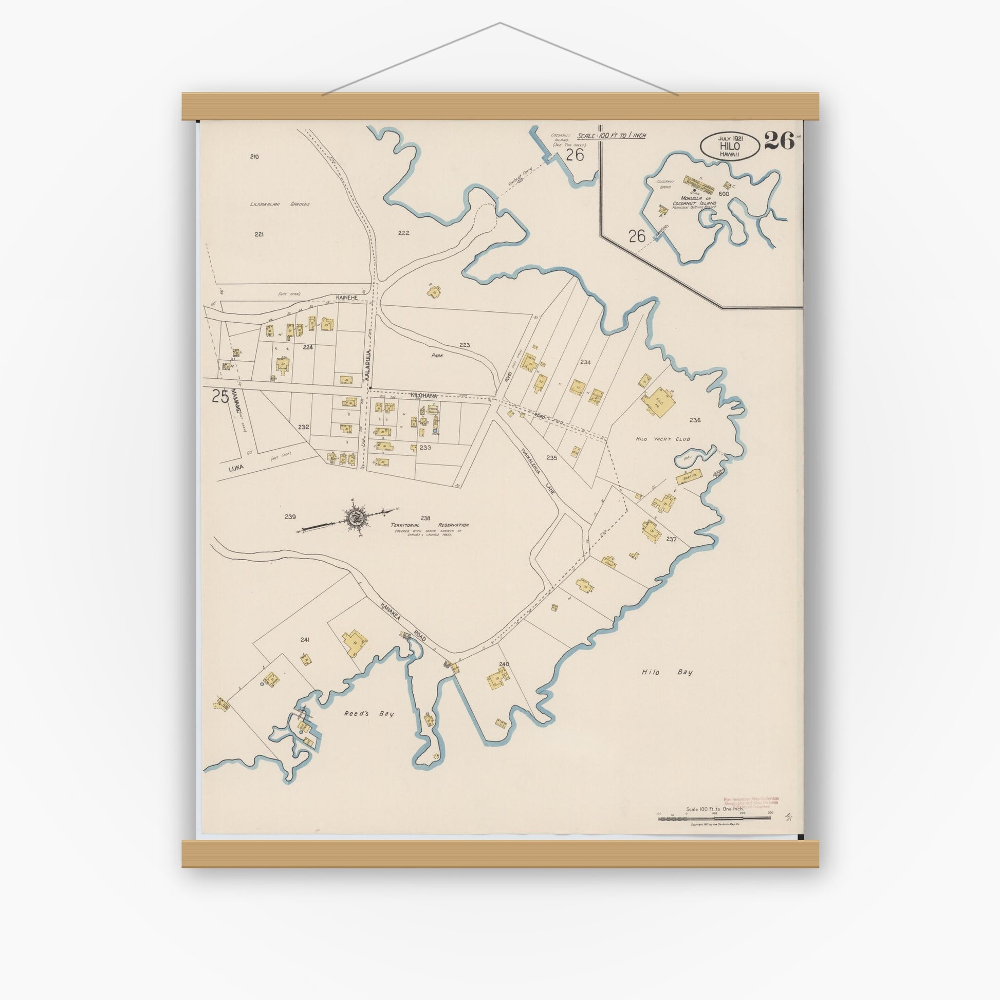 Old map wall art mockup — magnetic wood frame on white wall — Sanborn Fire Insurance Map from Hilo, Hawaii County, Hawaii (1921), Sheet #0026