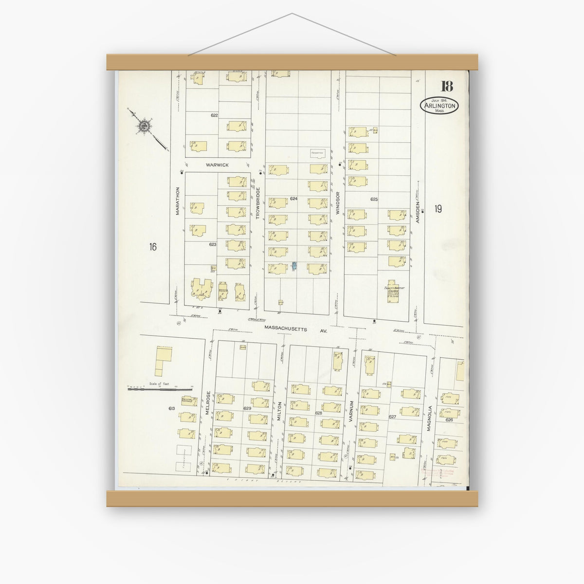 Old map wall art mockup — magnetic wood frame on white wall — Sanborn Fire Insurance Map from Arlington, Middlesex County, Massachusetts (1914), Sheet #0018