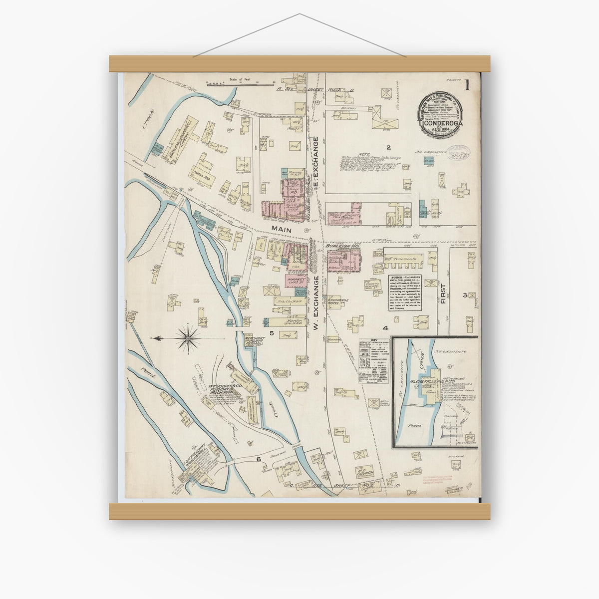Old map wall art mockup — magnetic wood frame on white wall — Sanborn Fire Insurance Map from Ticonderoga, Essex County, New York (1884), Sheet #0001