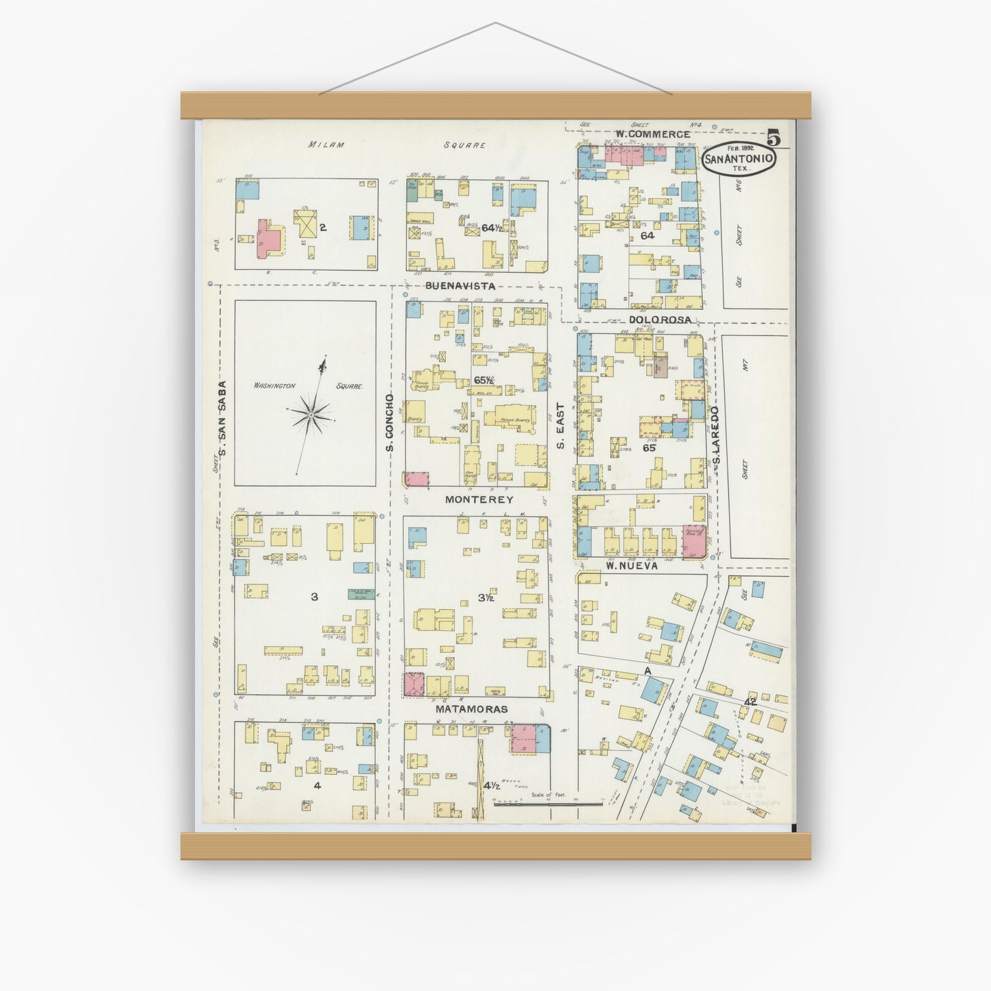 Old map wall art mockup — magnetic wood frame on white wall — Sanborn Fire Insurance Map from San Antonio, Bexar County, Texas (1892), Sheet #0005