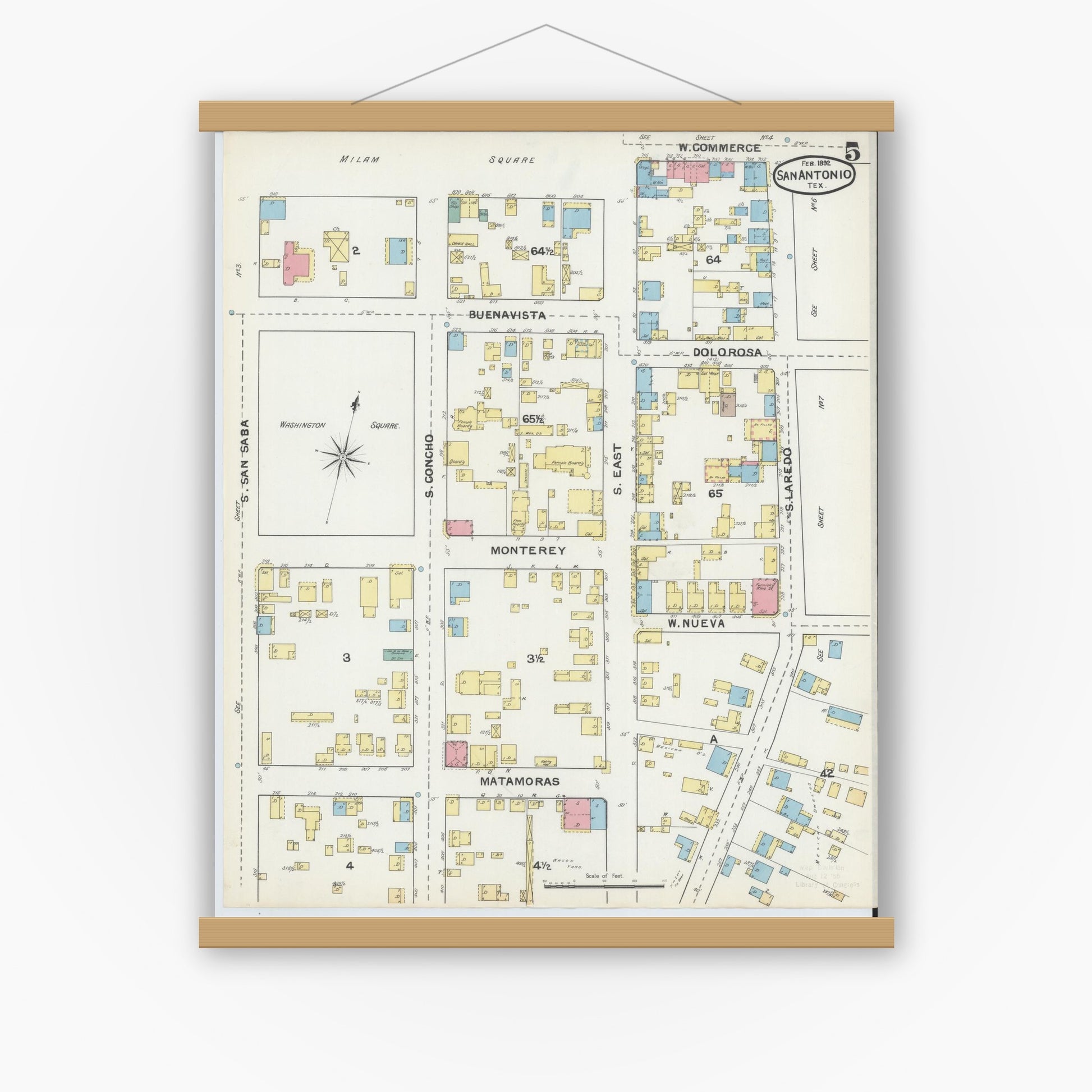 Old map wall art mockup — magnetic wood frame on white wall — Sanborn Fire Insurance Map from San Antonio, Bexar County, Texas (1892), Sheet #0005
