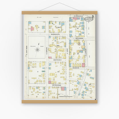 Old map wall art mockup — magnetic wood frame on white wall — Sanborn Fire Insurance Map from San Antonio, Bexar County, Texas (1892), Sheet #0005