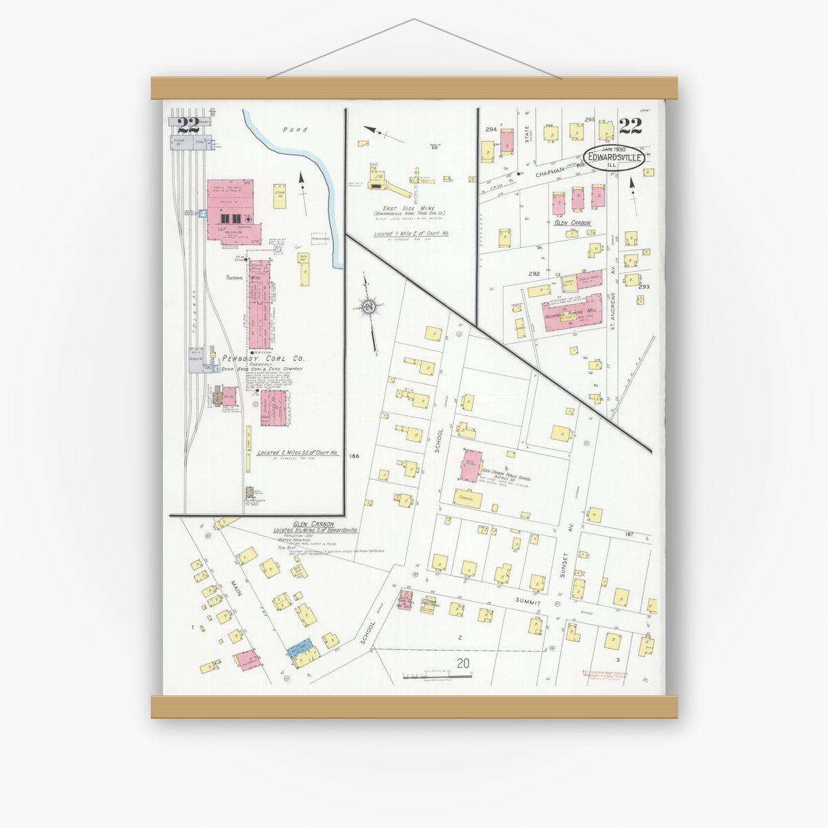 Old map wall art mockup — magnetic wood frame on white wall — Sanborn Fire Insurance Map from Edwardsville, Madison County, Illinois (1930), Sheet #0022