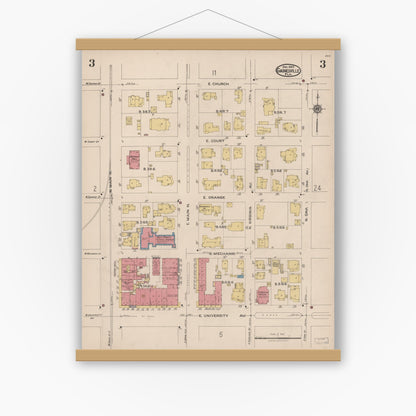 Old map wall art mockup — magnetic wood frame on white wall — Sanborn Fire Insurance Map from Gainesville, Alachua County, Florida (1922), Sheet #0003