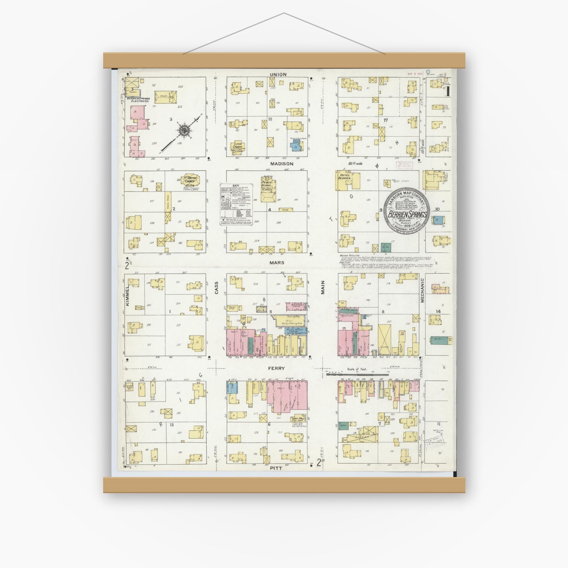 Old map wall art mockup — magnetic wood frame on white wall — Sanborn Fire Insurance Map from Berrien Springs, Berrien County, Michigan (1909), Sheet #0001