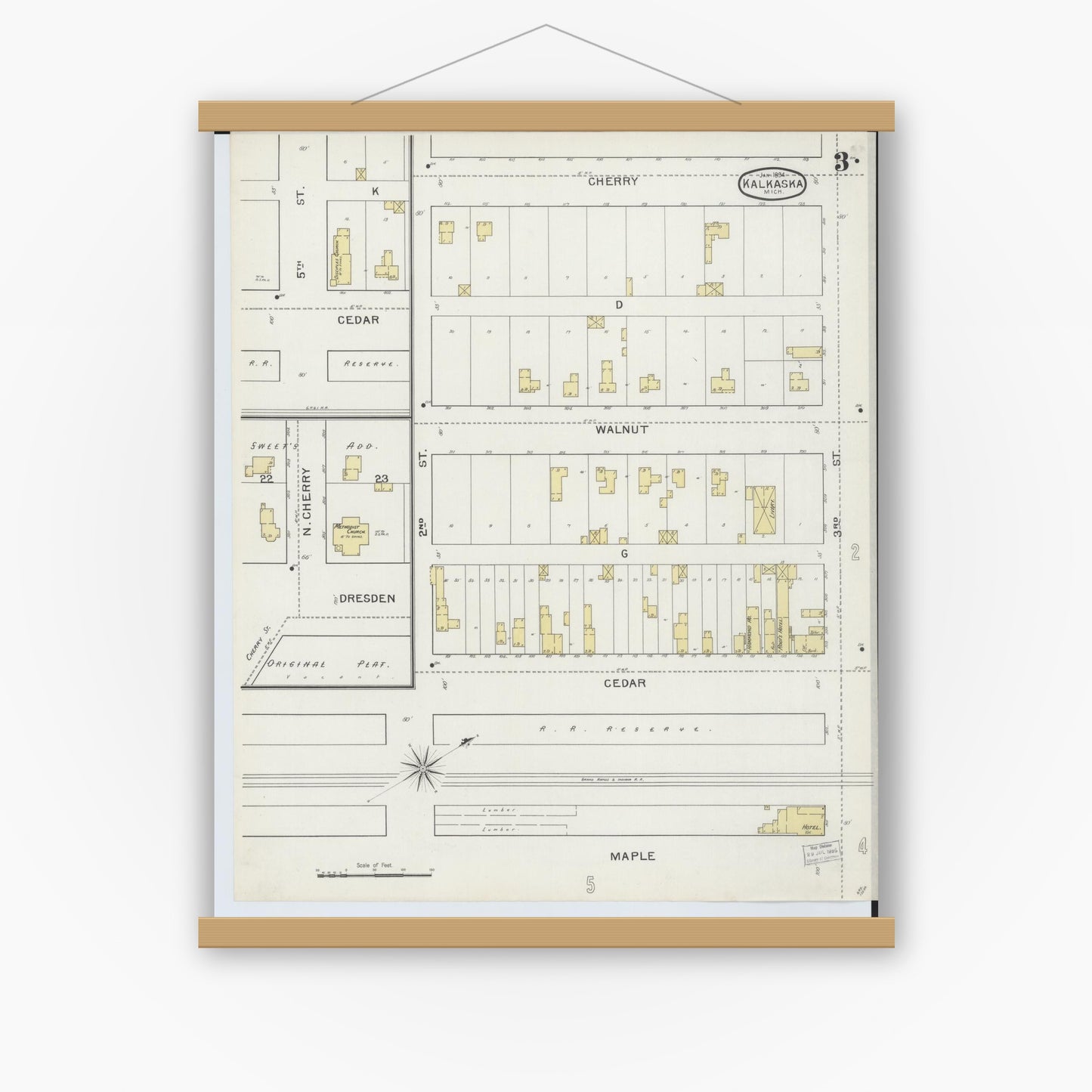Old map wall art mockup — magnetic wood frame on white wall — Sanborn Fire Insurance Map from Kalkaska, Kalkaska County, Michigan (1894), Sheet #0003