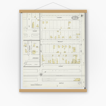 Old map wall art mockup — magnetic wood frame on white wall — Sanborn Fire Insurance Map from Kalkaska, Kalkaska County, Michigan (1894), Sheet #0003