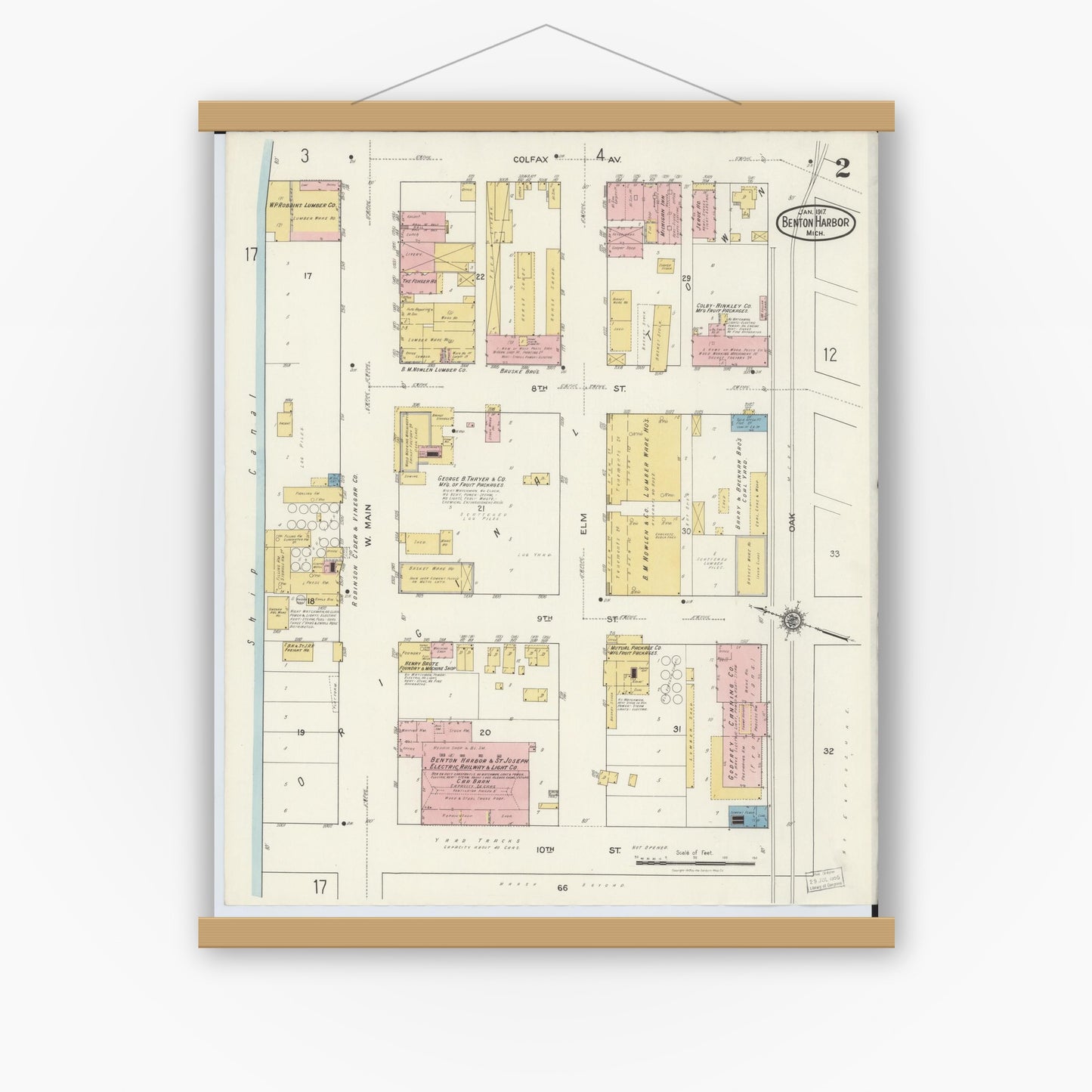 Old map wall art mockup — magnetic wood frame on white wall — Sanborn Fire Insurance Map from Benton Harbor, Berrien County, Michigan (1917), Sheet #0002