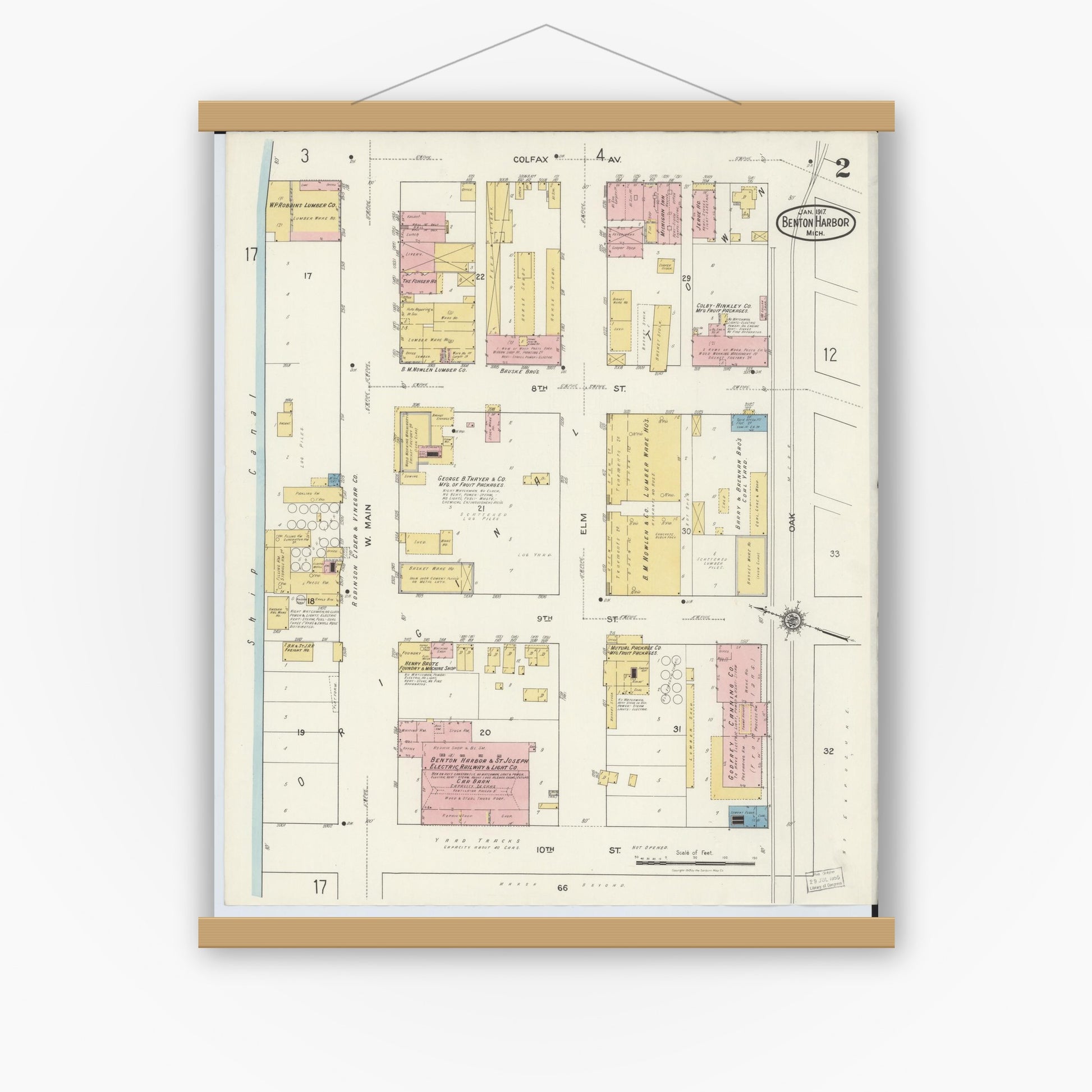Old map wall art mockup — magnetic wood frame on white wall — Sanborn Fire Insurance Map from Benton Harbor, Berrien County, Michigan (1917), Sheet #0002