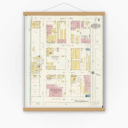 Old map wall art mockup — magnetic wood frame on white wall — Sanborn Fire Insurance Map from Benton Harbor, Berrien County, Michigan (1917), Sheet #0002