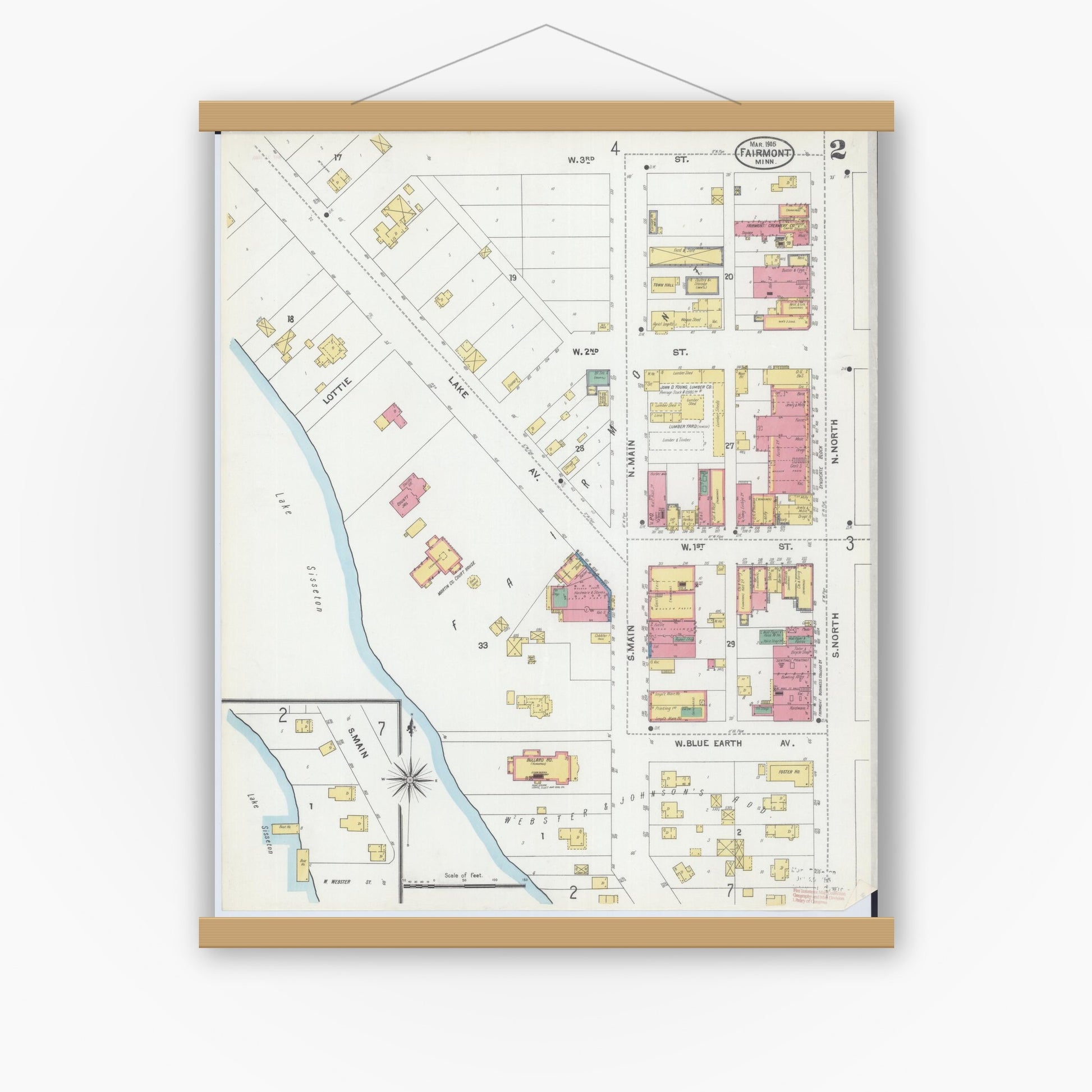 Old map wall art mockup — magnetic wood frame on white wall — Sanborn Fire Insurance Map from Fairmont, Martin County, Minnesota (1905), Sheet #0002