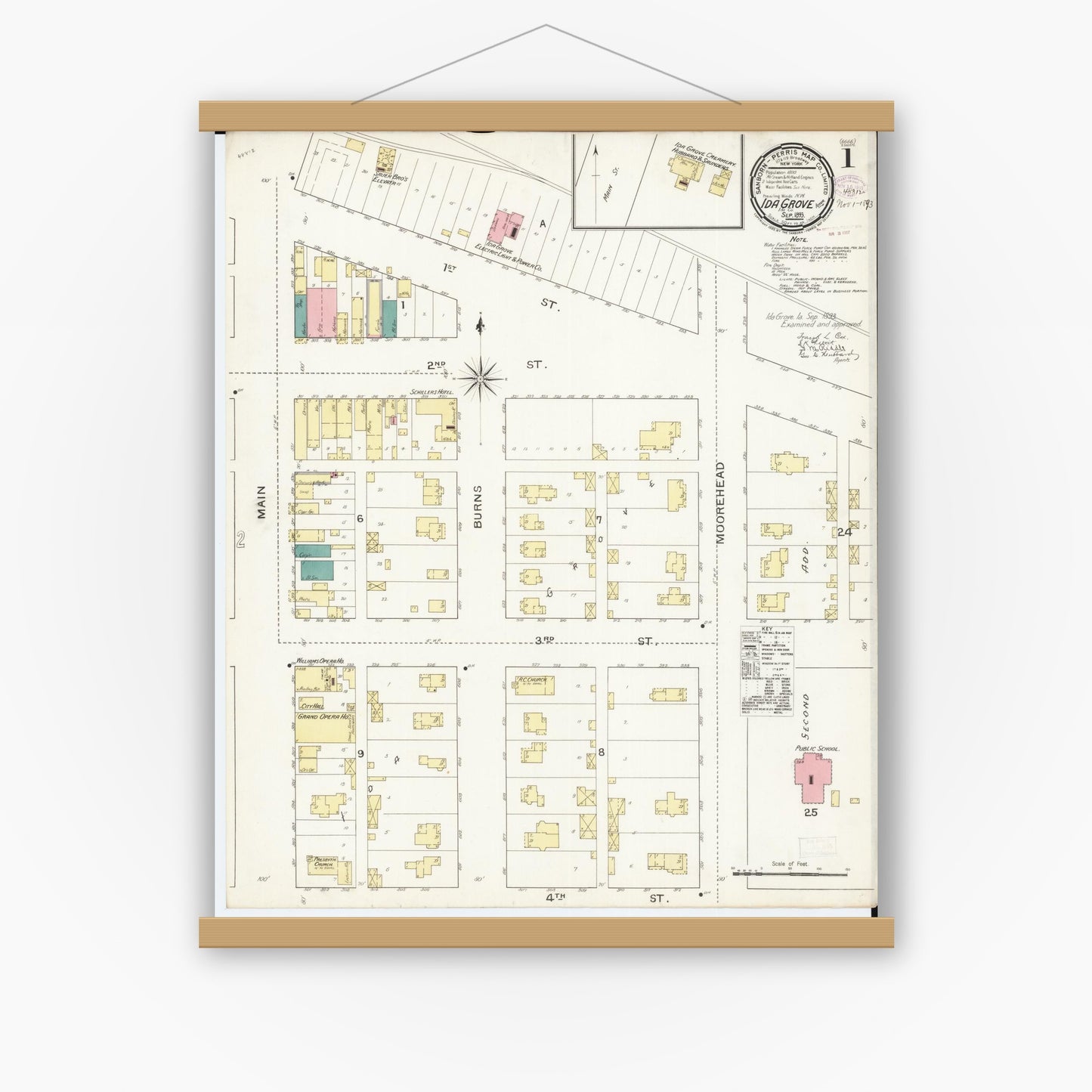 Old map wall art mockup — magnetic wood frame on white wall — Sanborn Fire Insurance Map from Ida Grove, Ida County, Iowa (1893), Sheet #0001