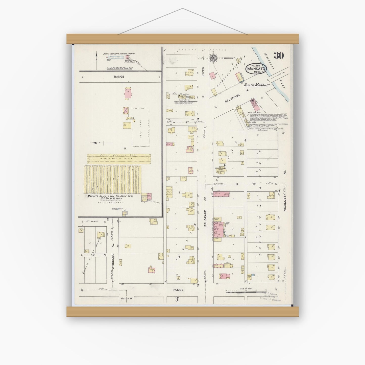 Old map wall art mockup — magnetic wood frame on white wall — Sanborn Fire Insurance Map from Mankato, Blue Earth County, Minnesota (1914), Sheet #0030