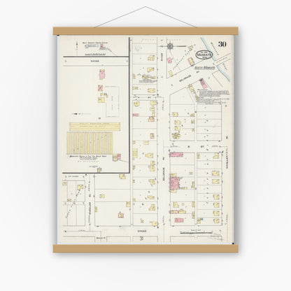 Old map wall art mockup — magnetic wood frame on white wall — Sanborn Fire Insurance Map from Mankato, Blue Earth County, Minnesota (1914), Sheet #0030