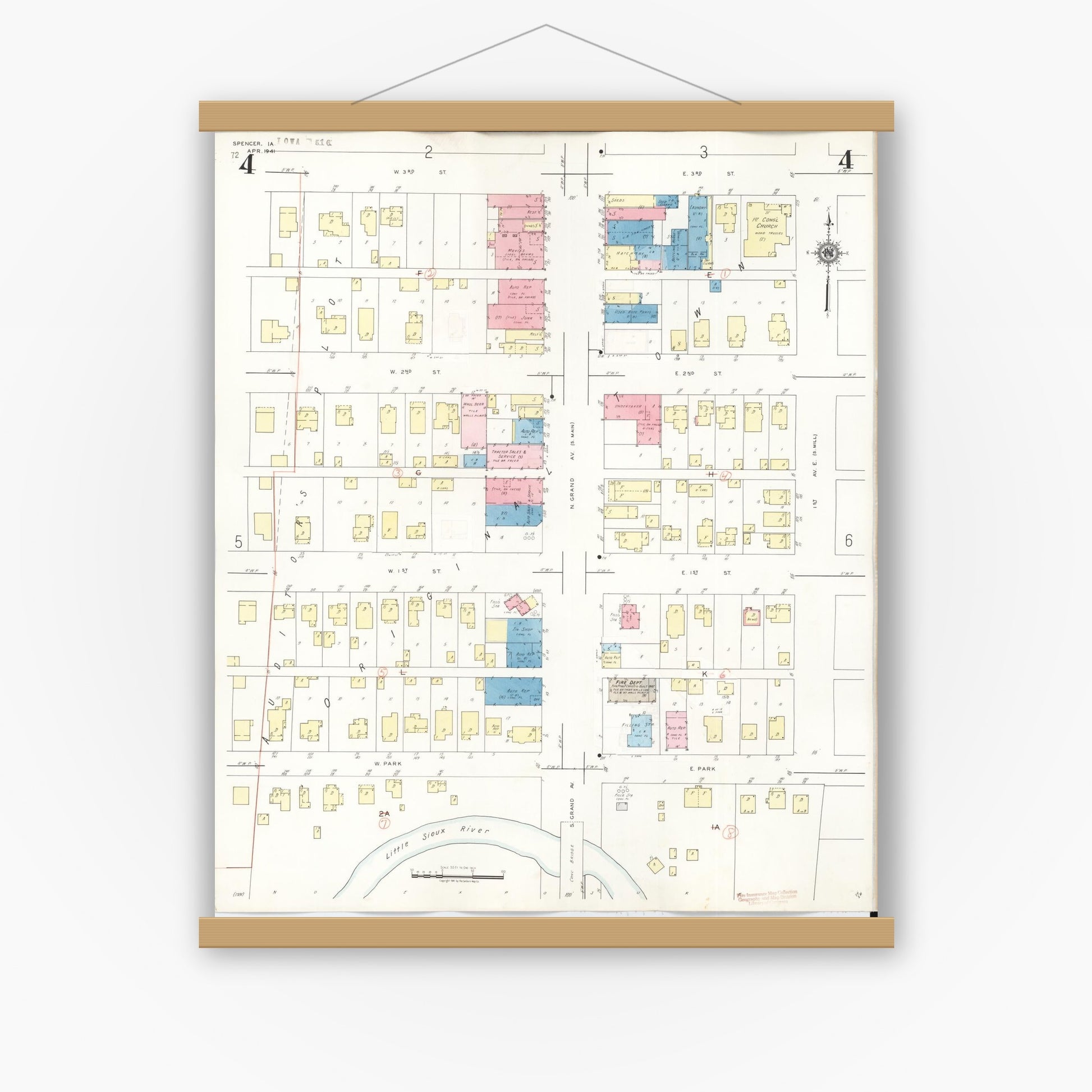 Old map wall art mockup — magnetic wood frame on white wall — Sanborn Fire Insurance Map from Spencer, Clay County, Iowa (1946), Sheet #0004