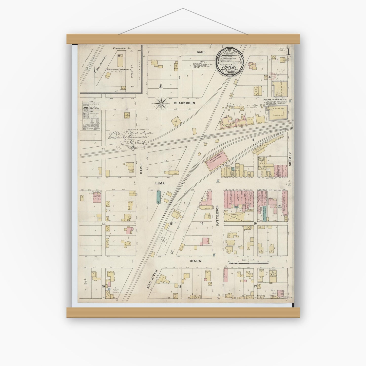Old map wall art mockup — magnetic wood frame on white wall — Sanborn Fire Insurance Map from Forest, Hardin County, Ohio (1895) - Complete Map Set