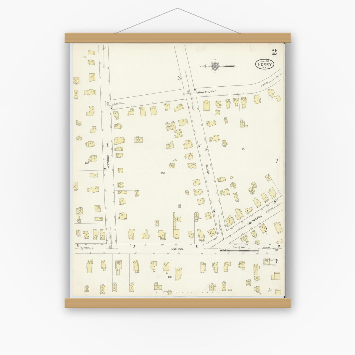 Old map wall art mockup — magnetic wood frame on white wall — Sanborn Fire Insurance Map from Perry, Wyoming County, New York (1913) - Complete Map Set