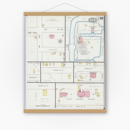 Old map wall art mockup — magnetic wood frame on white wall — Sanborn Fire Insurance Map from Saint Cloud, Stearns, Benton, and Sherburne Counties, Minnesota (1893), Sheet #0012