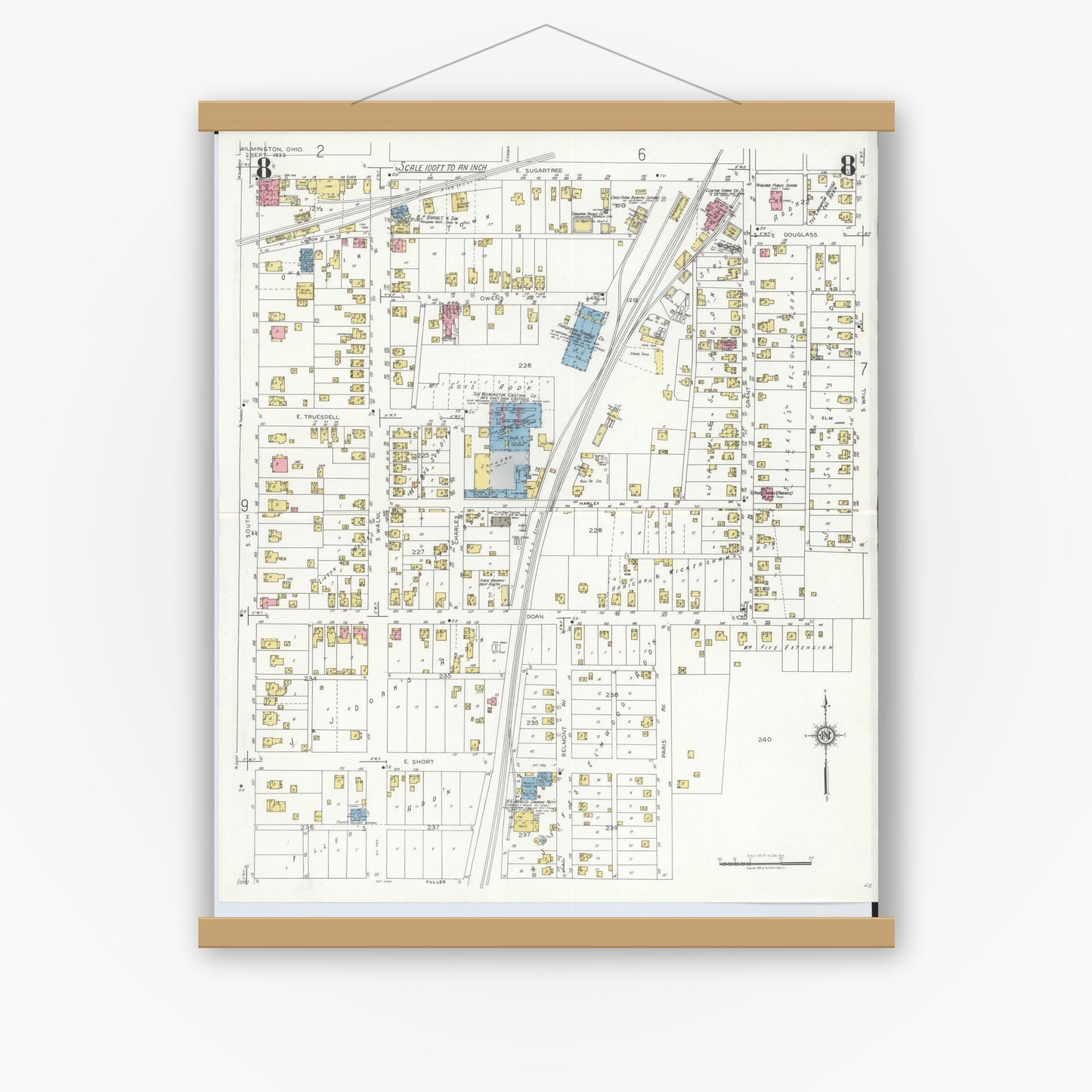 Old map wall art mockup — magnetic wood frame on white wall — Sanborn Fire Insurance Map from Wilmington, Clinton County, Ohio (1933), Sheet #0008