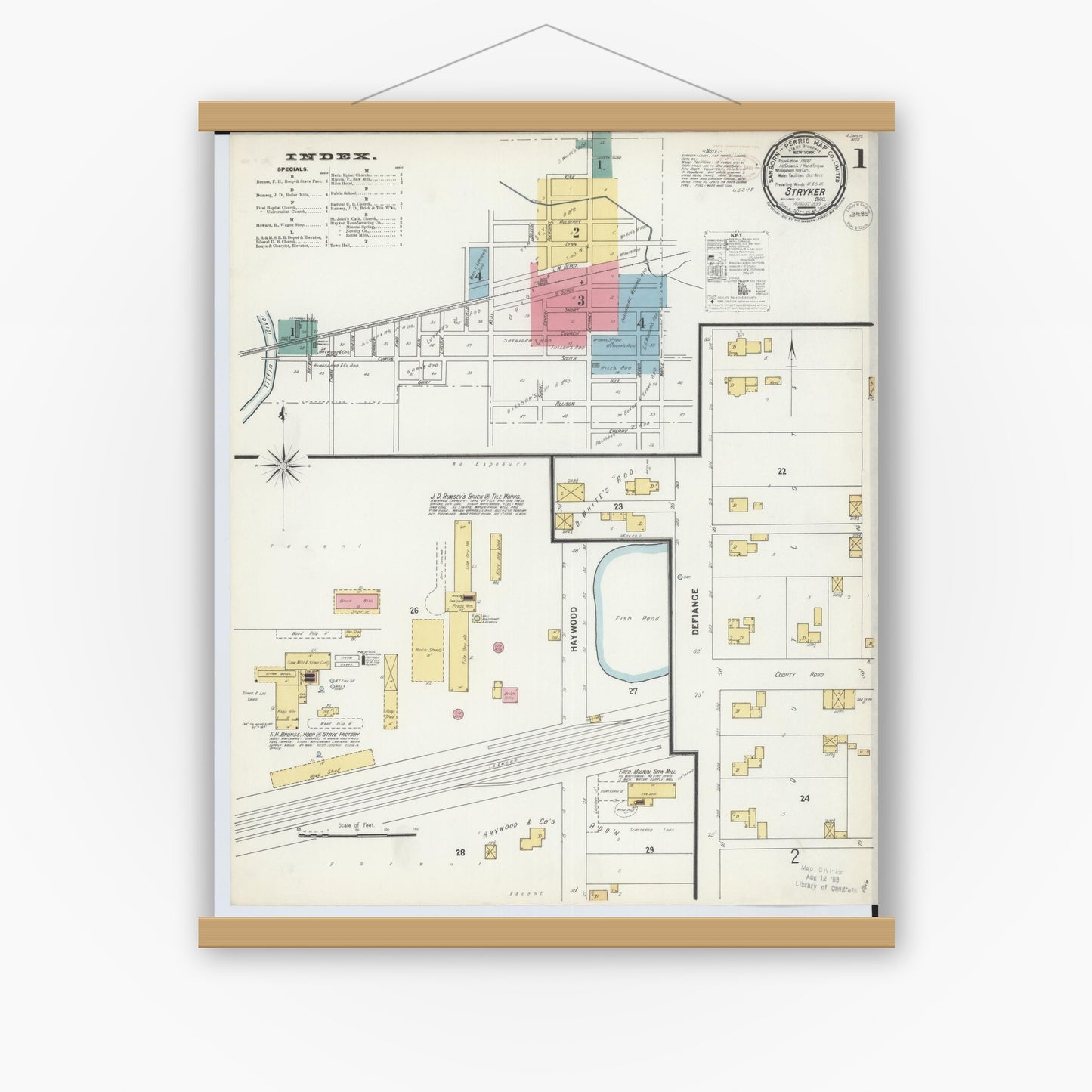 Old map wall art mockup — magnetic wood frame on white wall — Sanborn Fire Insurance Map from Stryker, Williams County, Ohio (1899), Sheet #0001