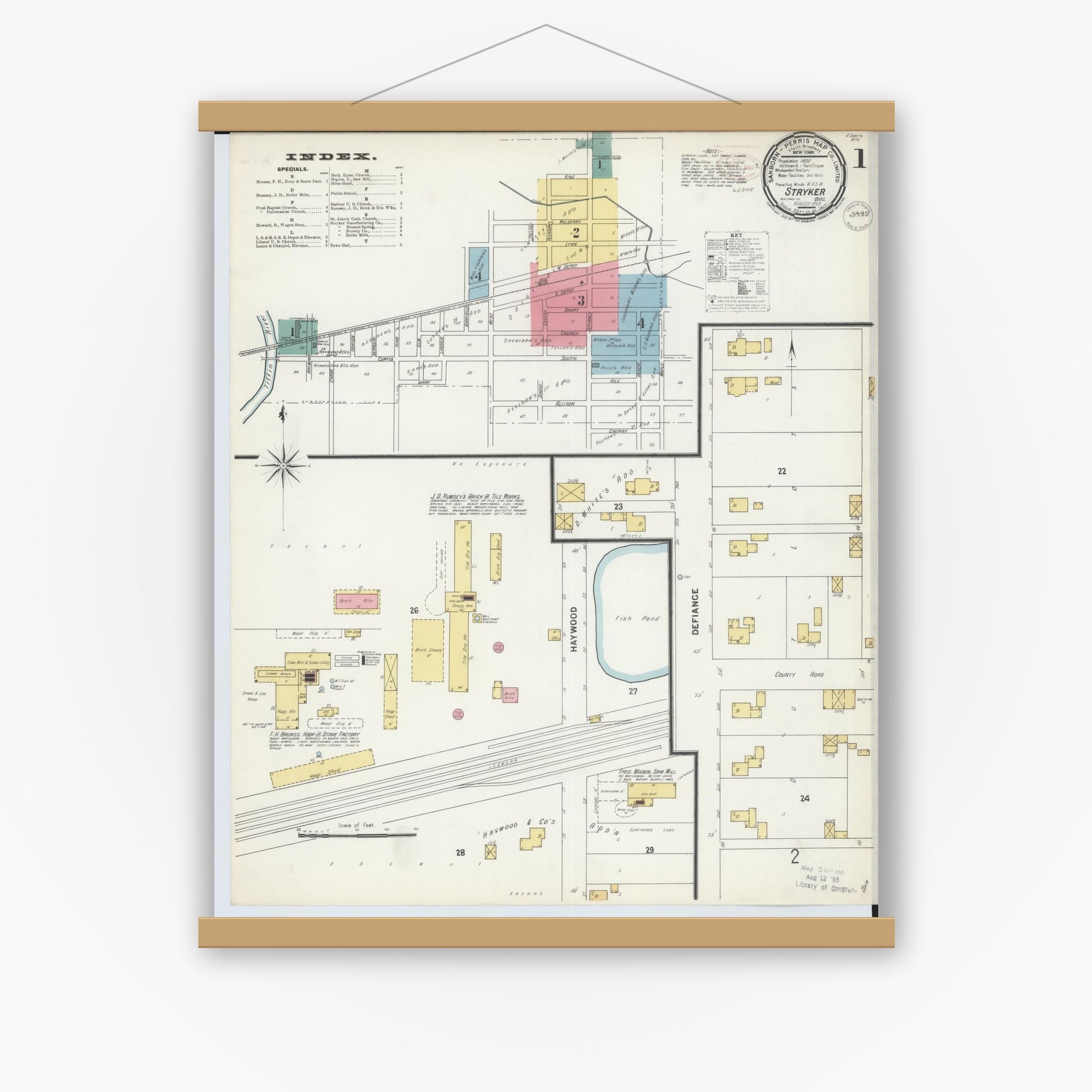 Old map wall art mockup — magnetic wood frame on white wall — Sanborn Fire Insurance Map from Stryker, Williams County, Ohio (1899), Sheet #0001