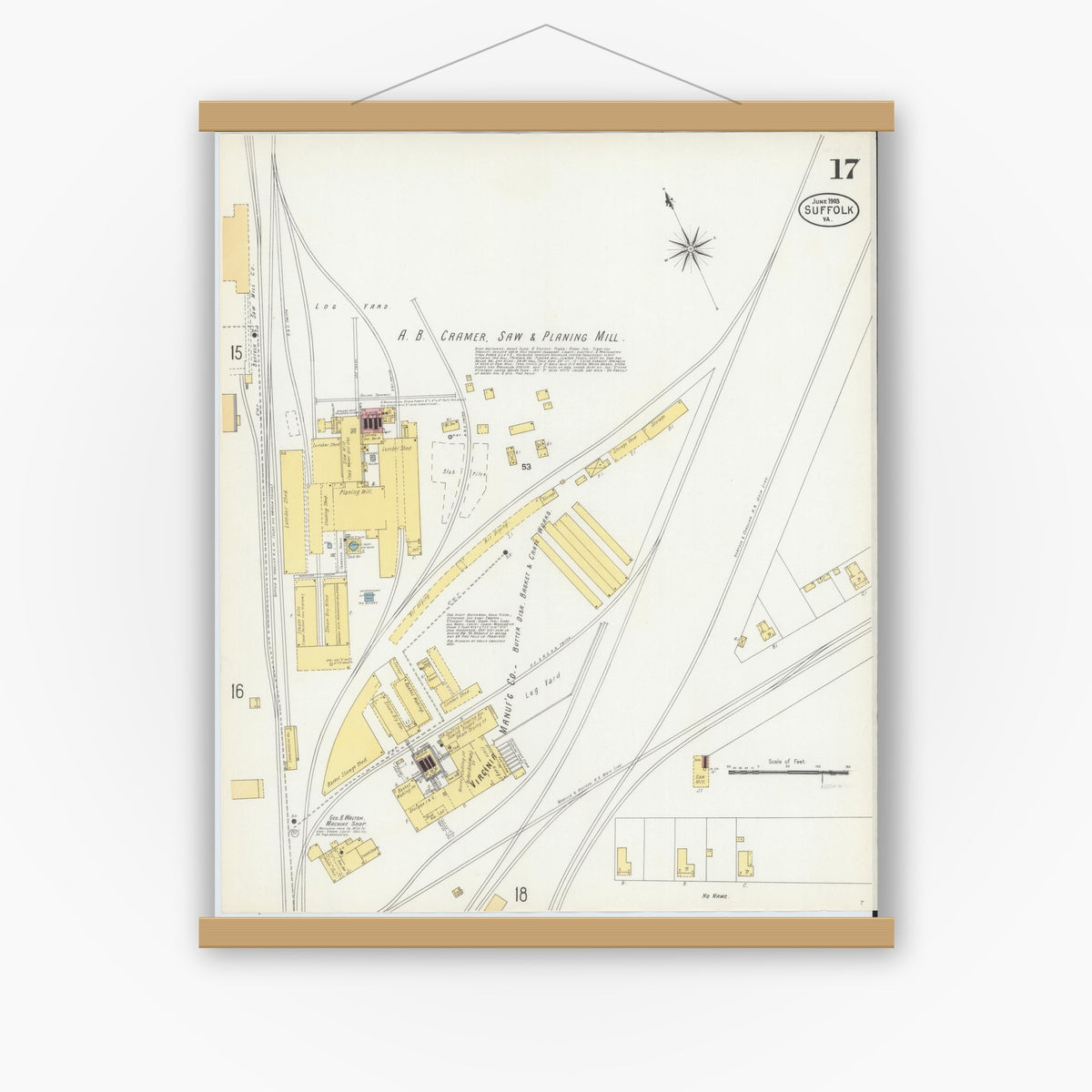 Old map wall art mockup — magnetic wood frame on white wall — Sanborn Fire Insurance Map from Suffolk, Independent Cities, Virginia (1903), Sheet #0017