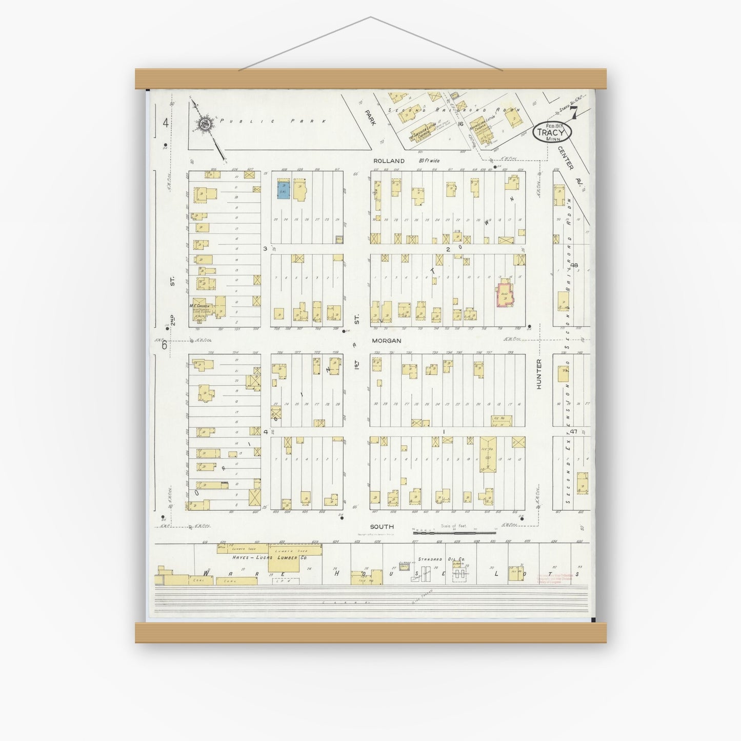 Old map wall art mockup — magnetic wood frame on white wall — Sanborn Fire Insurance Map from Tracy, Lyon County, Minnesota (1917), Sheet #0007
