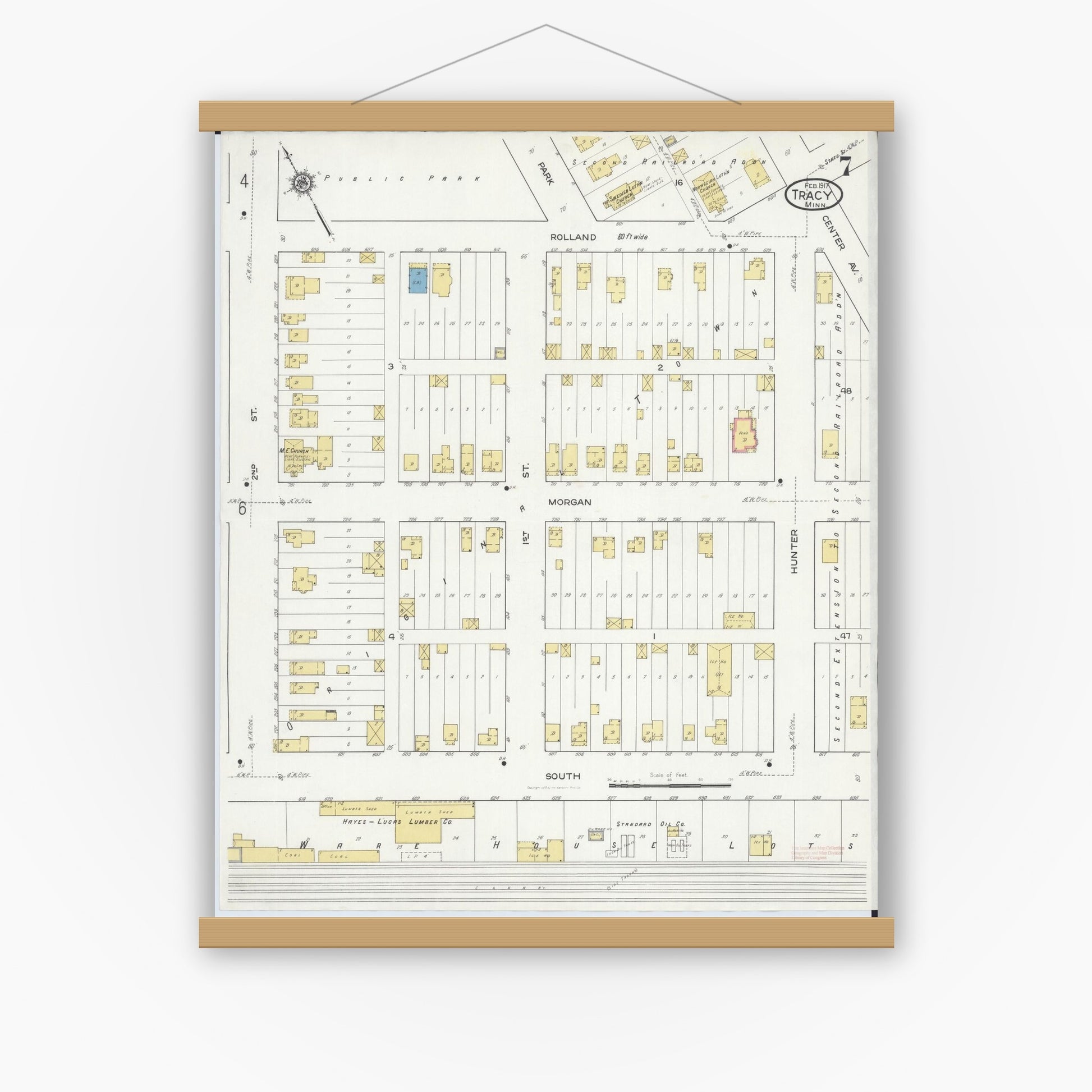Old map wall art mockup — magnetic wood frame on white wall — Sanborn Fire Insurance Map from Tracy, Lyon County, Minnesota (1917), Sheet #0007