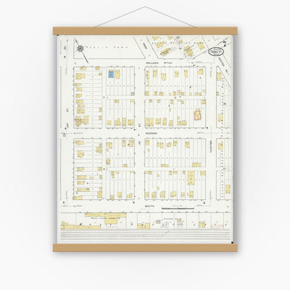 Old map wall art mockup — magnetic wood frame on white wall — Sanborn Fire Insurance Map from Tracy, Lyon County, Minnesota (1917), Sheet #0007