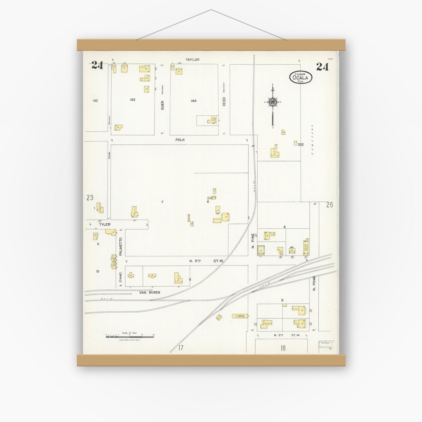 Old map wall art mockup — magnetic wood frame on white wall — Sanborn Fire Insurance Map from Ocala, Marion County, Florida (1924), Sheet #0024