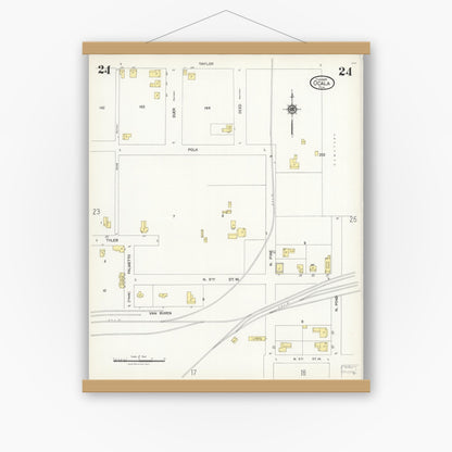 Old map wall art mockup — magnetic wood frame on white wall — Sanborn Fire Insurance Map from Ocala, Marion County, Florida (1924), Sheet #0024