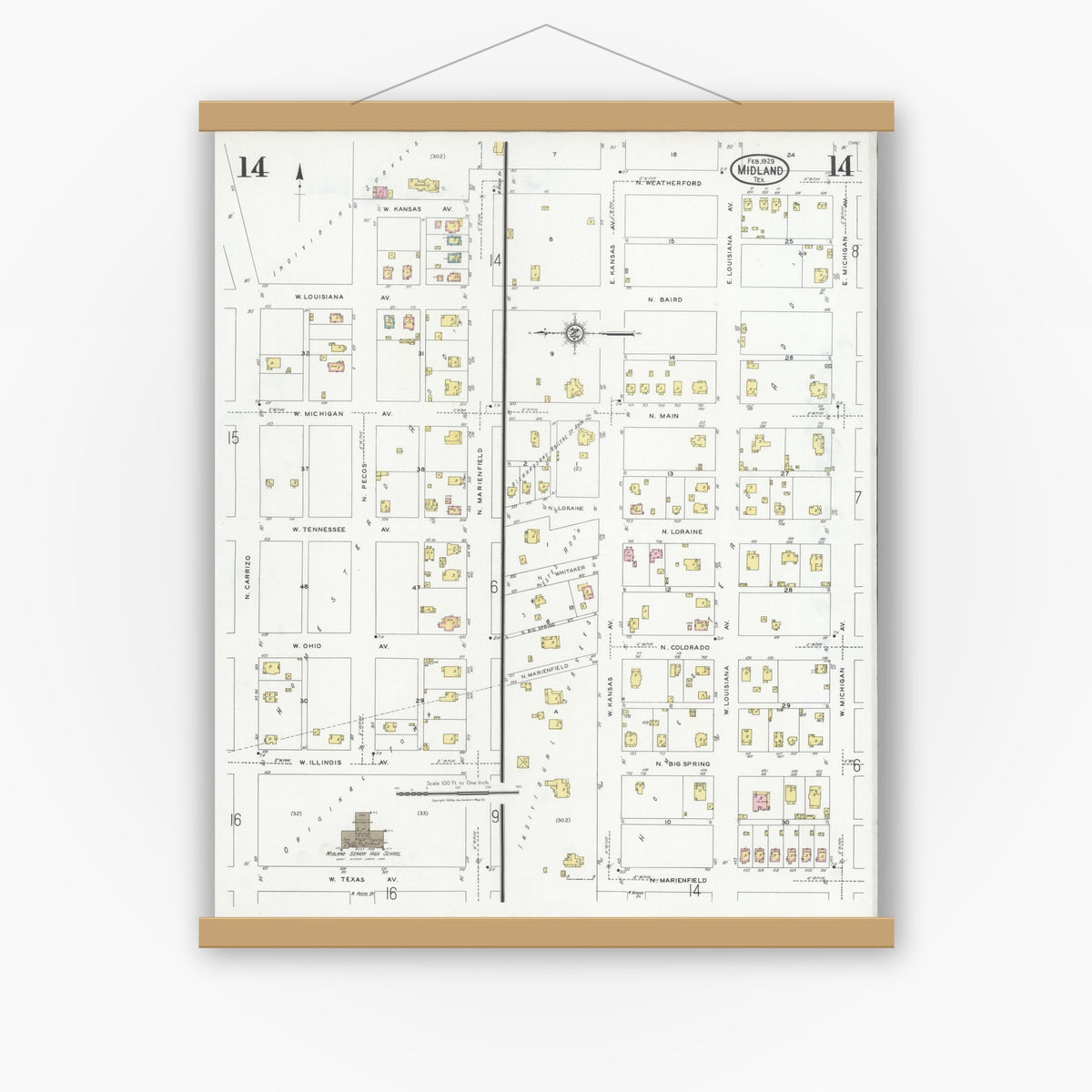 Old map wall art mockup — magnetic wood frame on white wall — Sanborn Fire Insurance Map from Midland, Midland County, Texas (1929), Sheet #0014