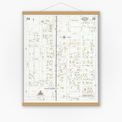 Old map wall art mockup — magnetic wood frame on white wall — Sanborn Fire Insurance Map from Midland, Midland County, Texas (1929), Sheet #0014