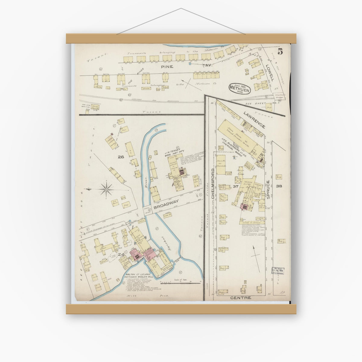 Old map wall art mockup — magnetic wood frame on white wall — Sanborn Fire Insurance Map from Methuen, Essex County, Massachusetts (1885), Sheet #0005