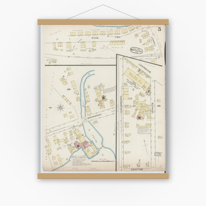 Old map wall art mockup — magnetic wood frame on white wall — Sanborn Fire Insurance Map from Methuen, Essex County, Massachusetts (1885), Sheet #0005