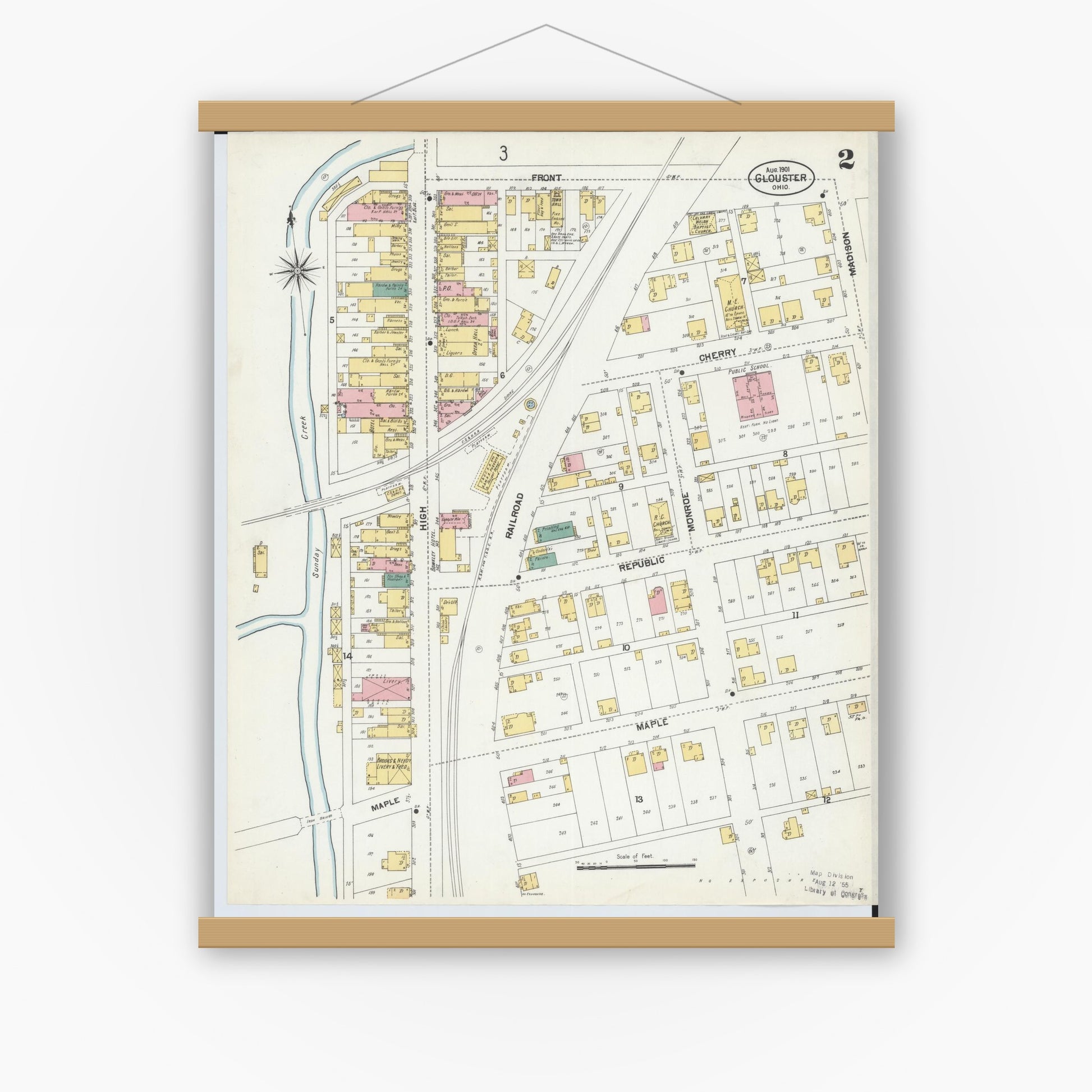 Old map wall art mockup — magnetic wood frame on white wall — Sanborn Fire Insurance Map from Glouster, Athens County, Ohio (1901), Sheet #0002