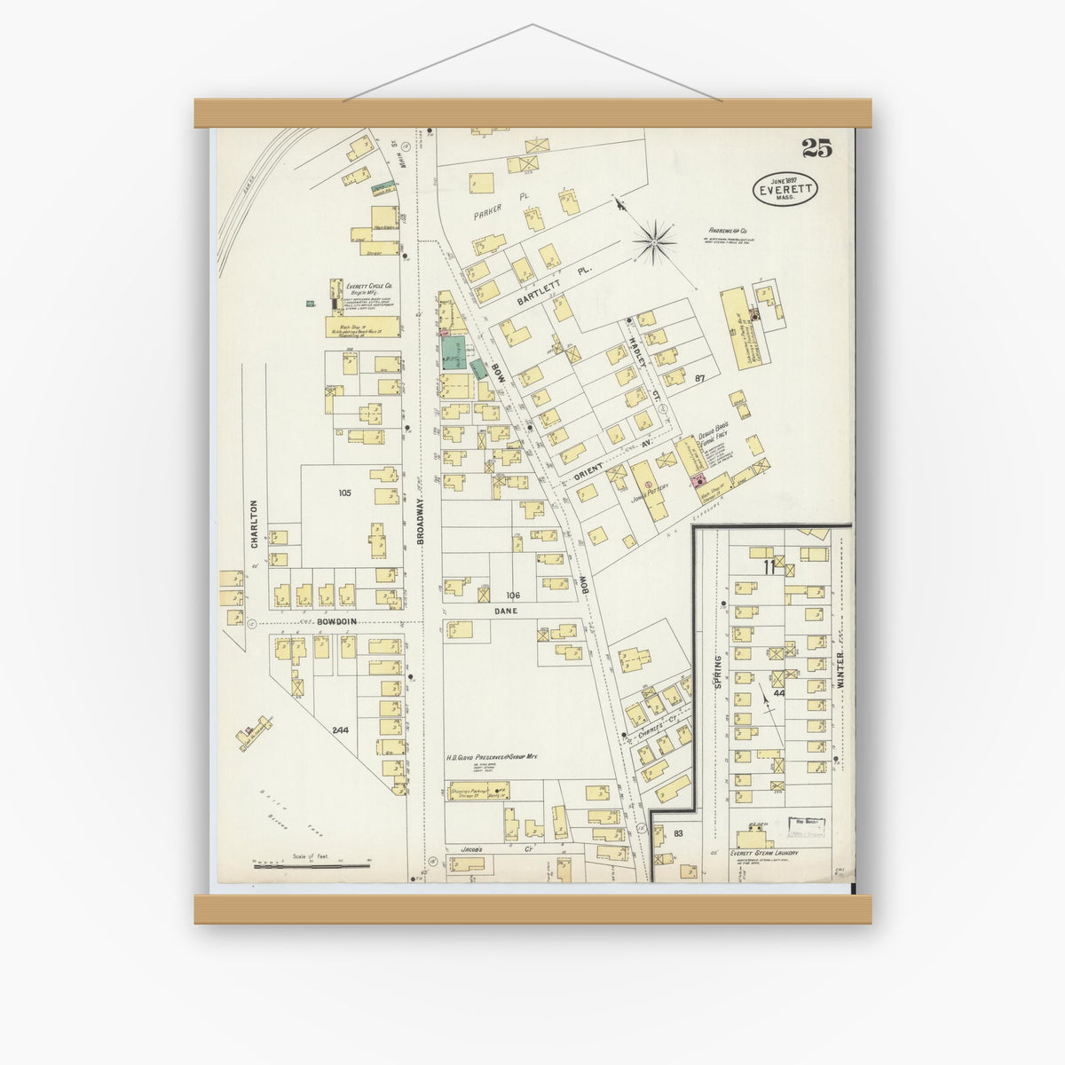 Old map wall art mockup — magnetic wood frame on white wall — Sanborn Fire Insurance Map from Everett, Middlesex County, Massachusetts (1897), Sheet #0025