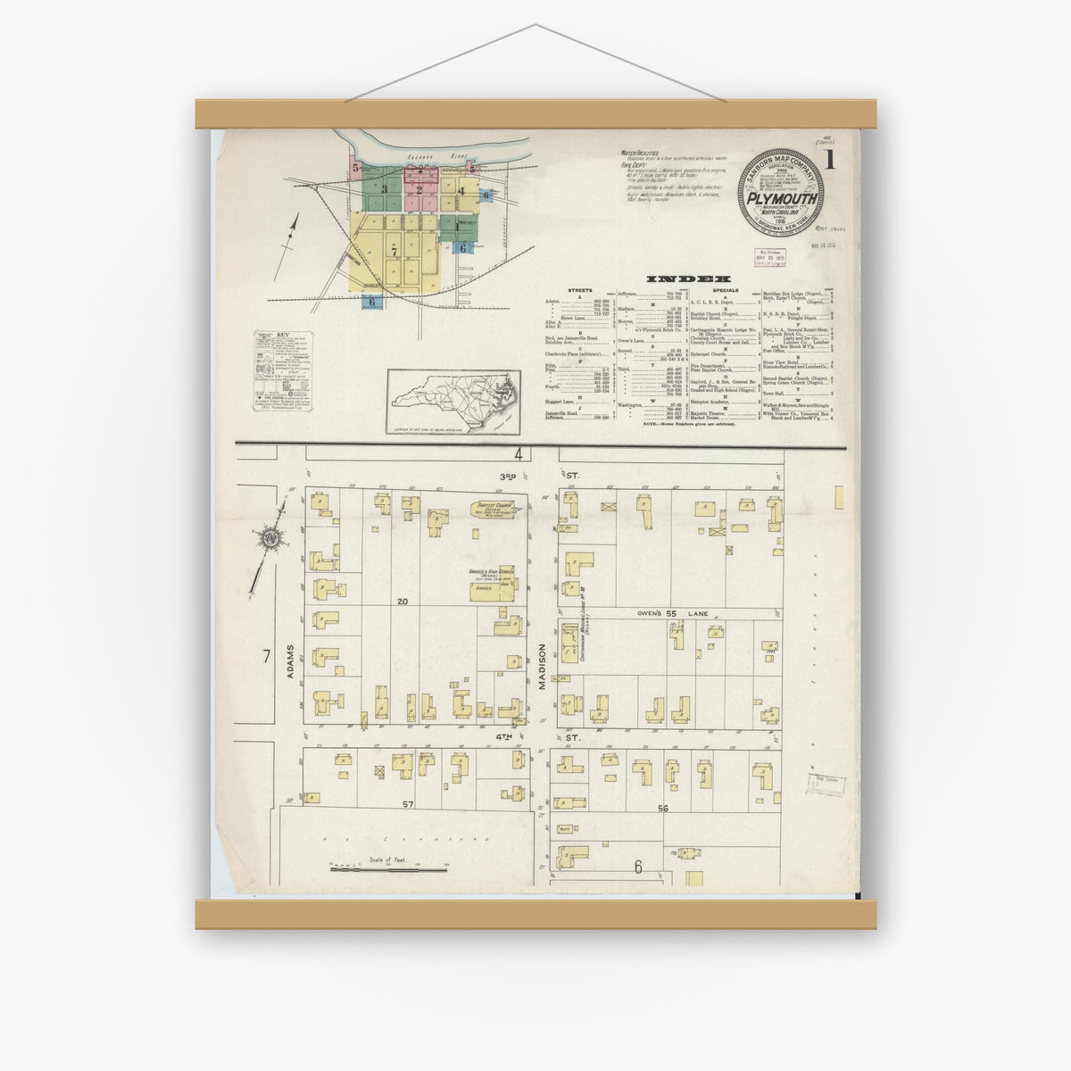 Old map wall art mockup — magnetic wood frame on white wall — Sanborn Fire Insurance Map from Plymouth, Washington County, North Carolina (1915) - Complete Map Set