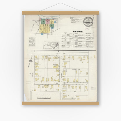 Old map wall art mockup — magnetic wood frame on white wall — Sanborn Fire Insurance Map from Plymouth, Washington County, North Carolina (1915) - Complete Map Set
