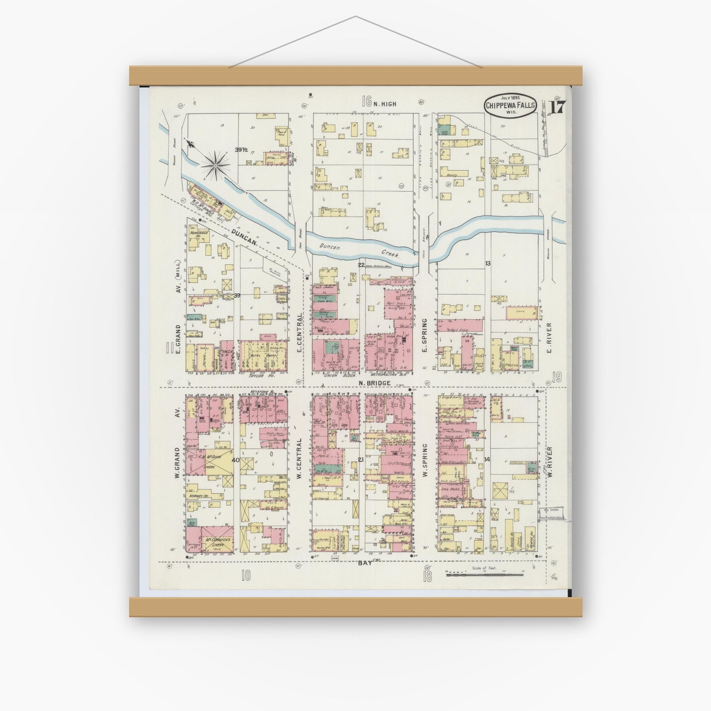 Old map wall art mockup — magnetic wood frame on white wall — Sanborn Fire Insurance Map from Chippewa Falls, Chippewa County, Wisconsin (1895), Sheet #0017