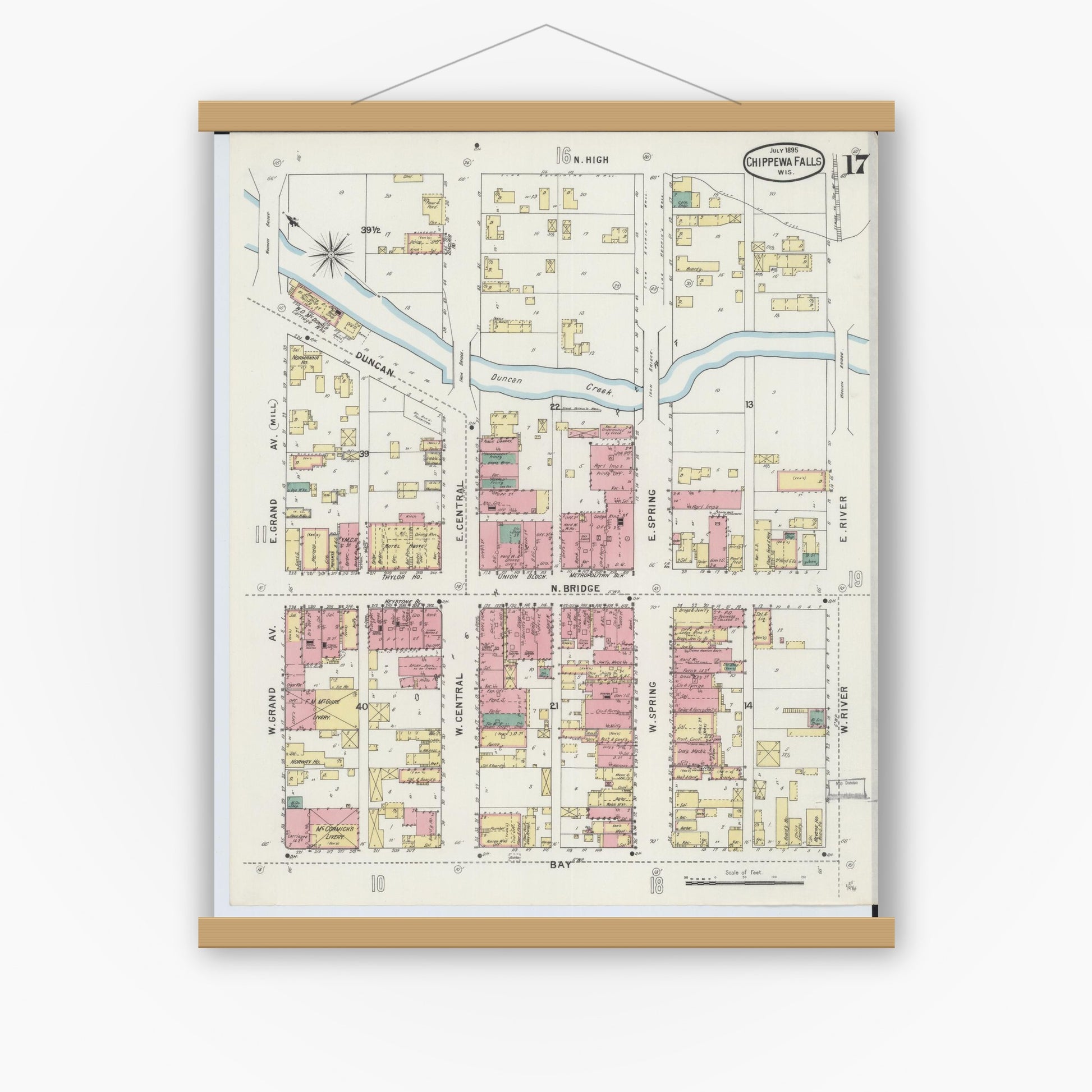Old map wall art mockup — magnetic wood frame on white wall — Sanborn Fire Insurance Map from Chippewa Falls, Chippewa County, Wisconsin (1895), Sheet #0017