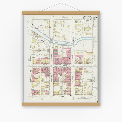 Old map wall art mockup — magnetic wood frame on white wall — Sanborn Fire Insurance Map from Chippewa Falls, Chippewa County, Wisconsin (1895), Sheet #0017